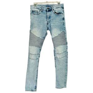 H&M Divided Skinny Slim Jeans 30 Light Blue Ribbed Thigh 4 Button Fly Distressed